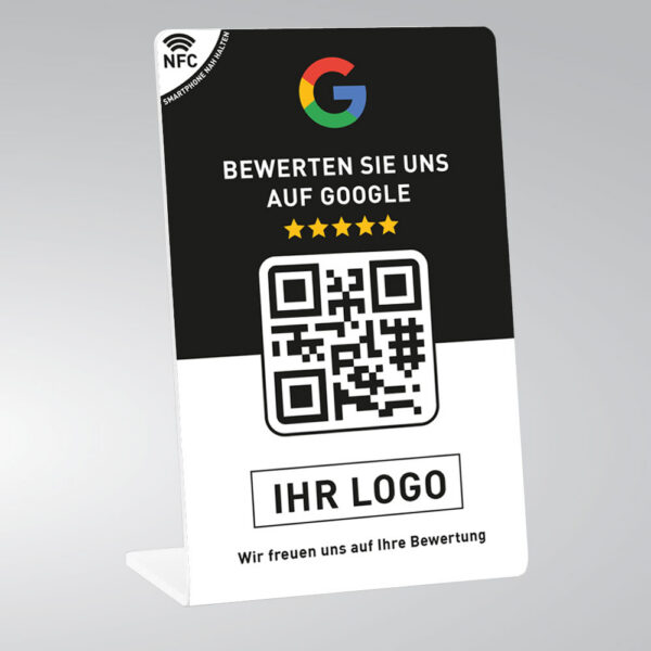 NFC Aufsteller mit Firmenlogo und QR-Code