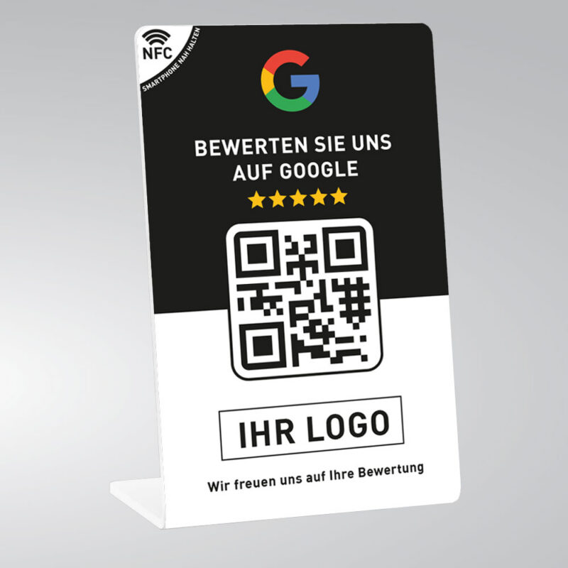 NFC Aufsteller mit Firmenlogo und QR-Code